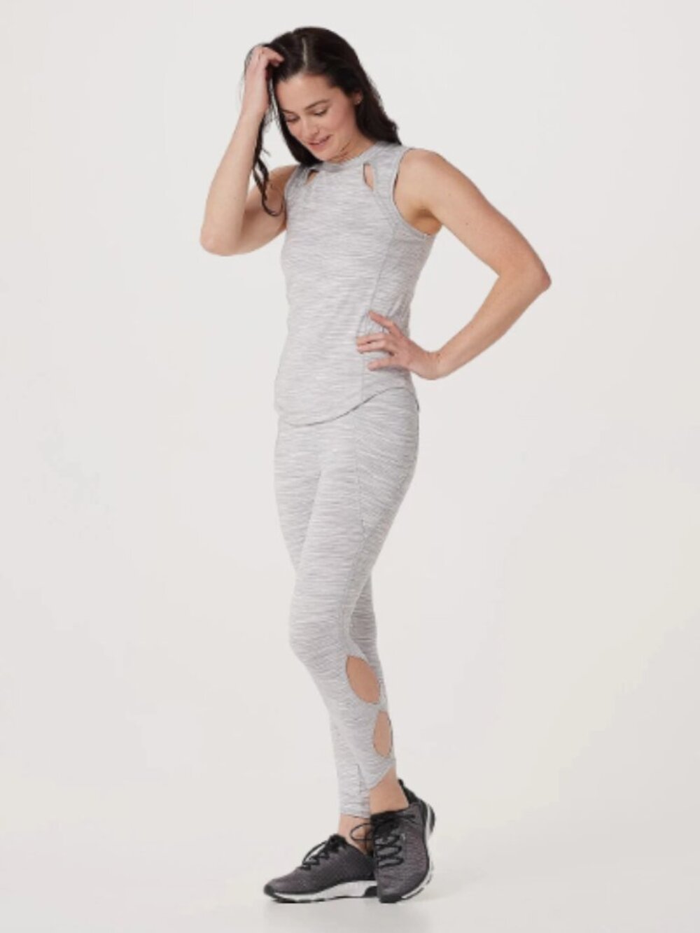 zuda Petite Spacedye Knit Leggings Pockets-Grey-Petite Medium A393221 NEW